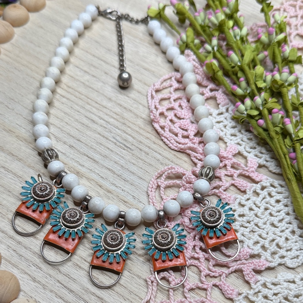 Bohemian White and Turquoise Necklace it jingles Vintage Southwestern bib